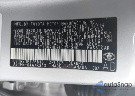 2015 Toyota Corolla Le z USA, uszkodzony, nr VIN 2T1BURHE9FC321390